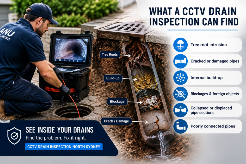 CCTV drain inspection detecting tree roots, cracked pipes and blockages in North Sydney