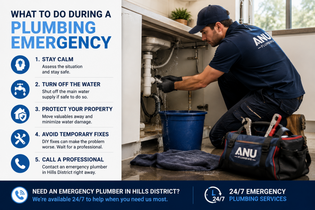 Emergency plumber in Hills District responding to a plumbing emergency