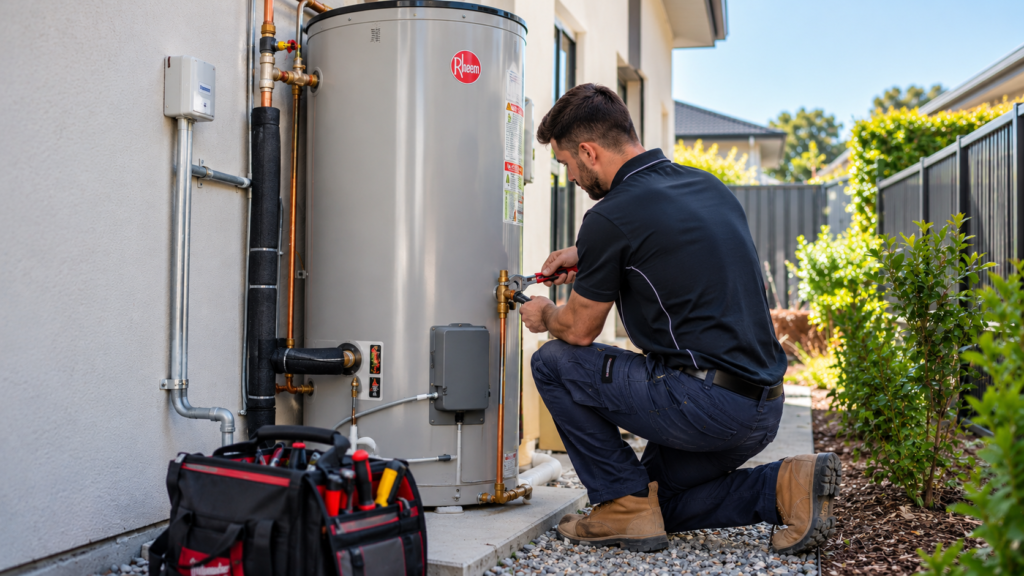 Plumber installing a replacement hot water system at a Sydney property.